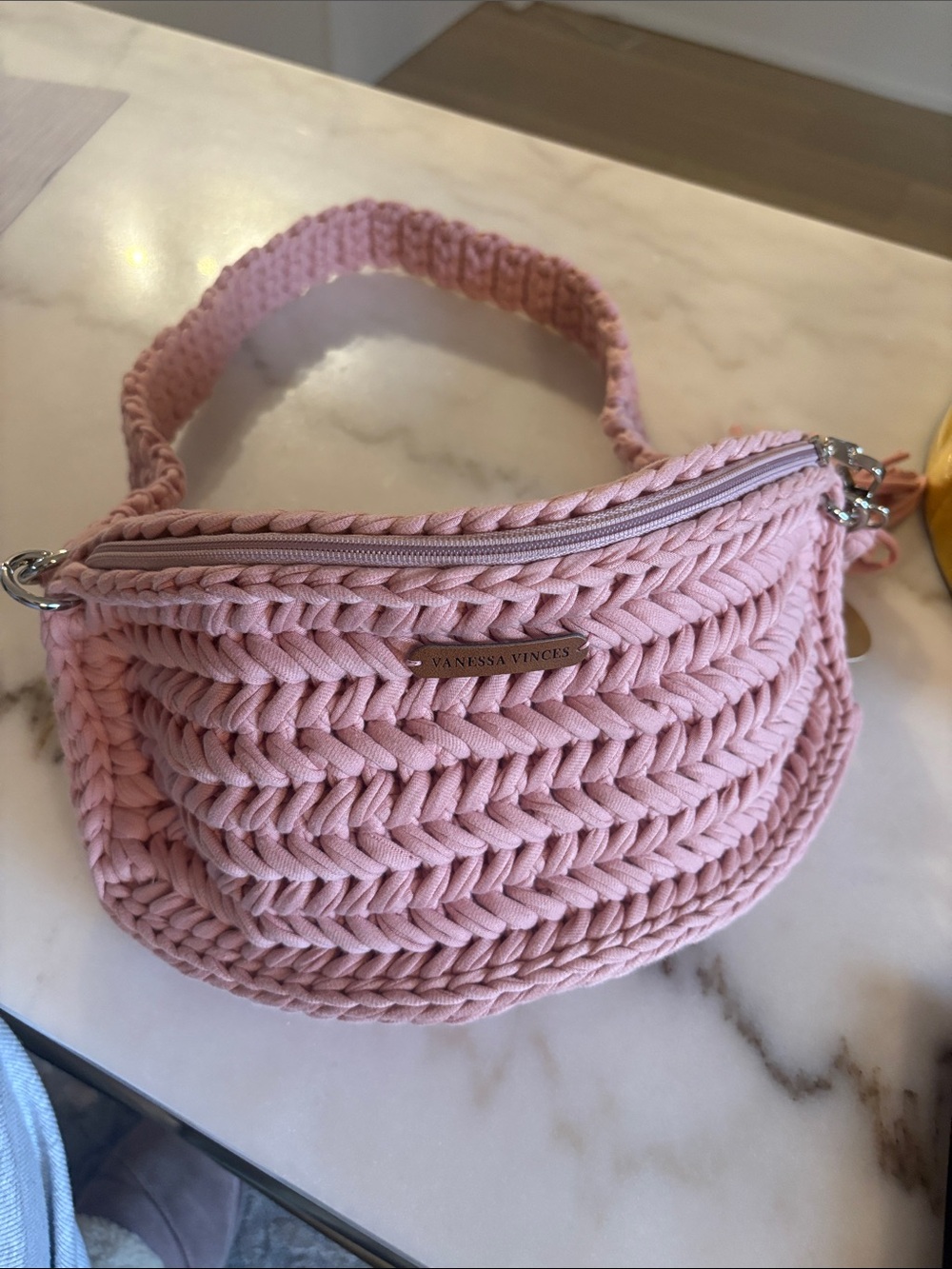 Handwoven Pink Crochet Crossbody Bag with Tassel Charm